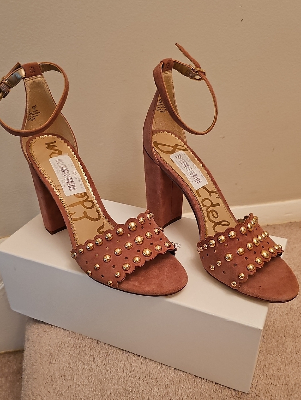 Sam Edelman Tan Suede Studded Block Heel Sandals